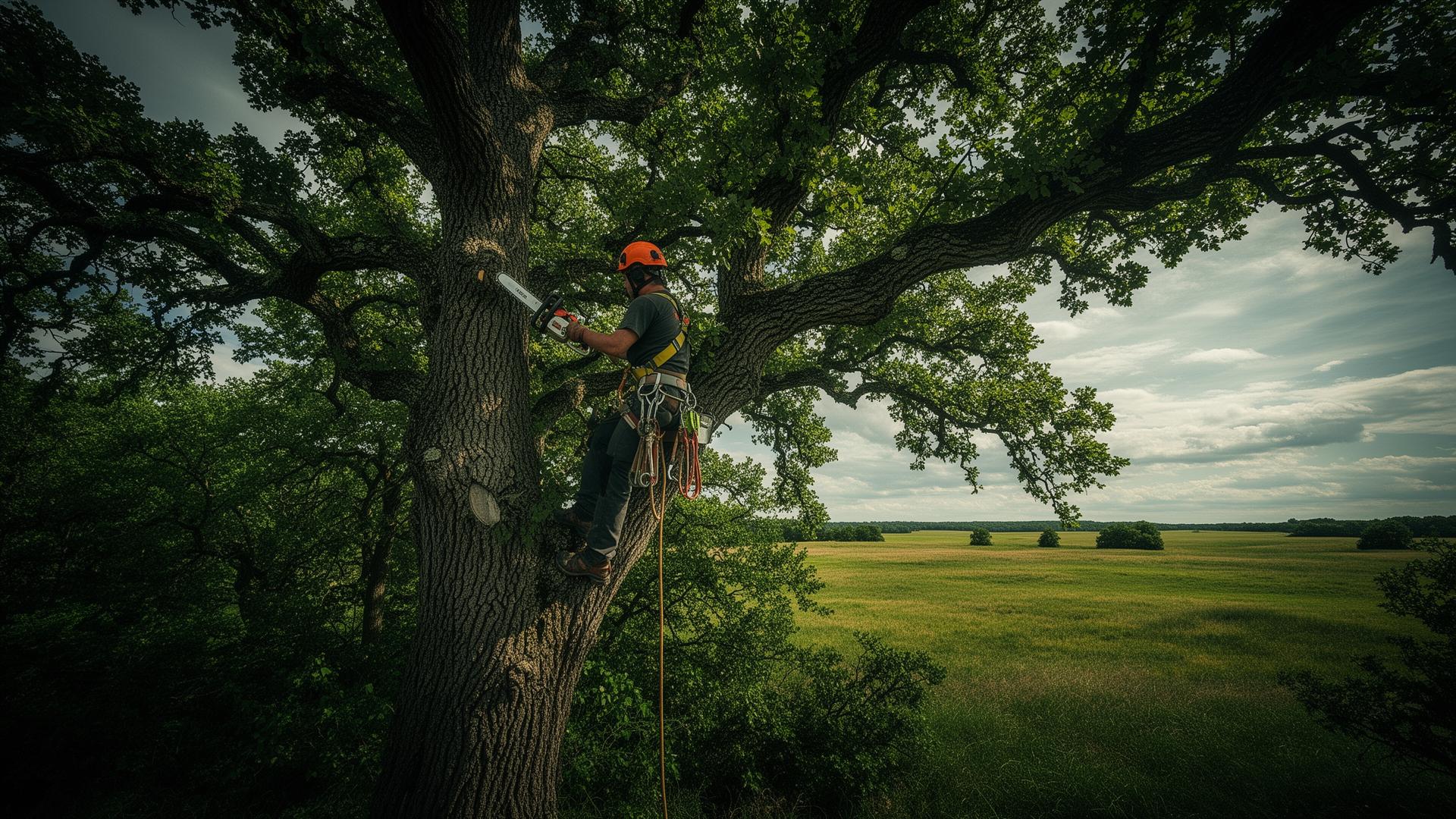 Arborist climbing an oak tree